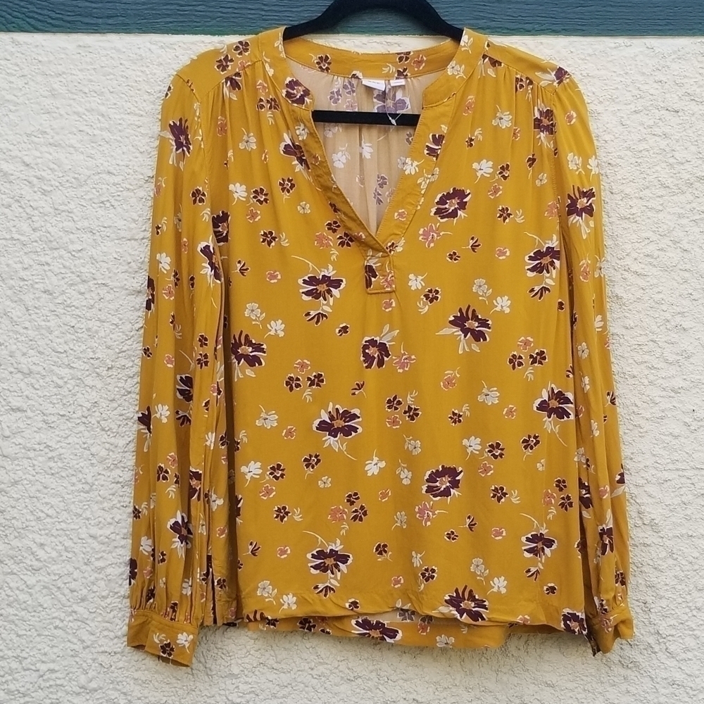 GAP floral mustard v-neck long sleeve viscose blouse small